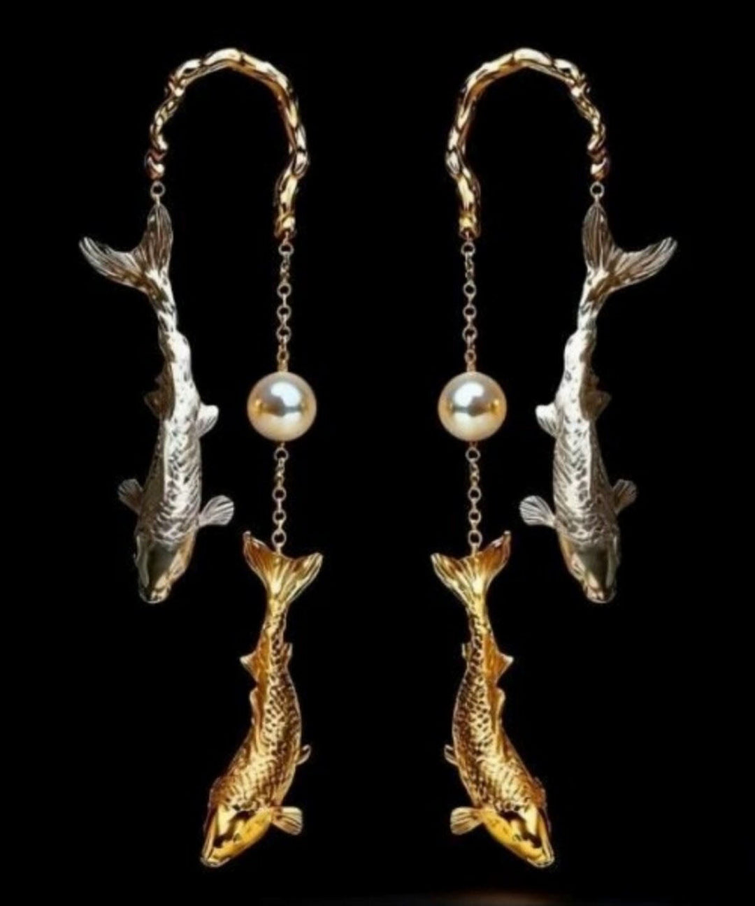 Chic Gold Copper Overgild Pearl Koi Fish Drop Earrings