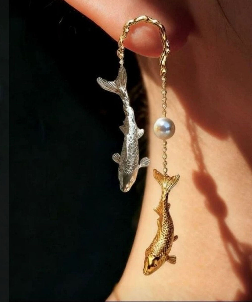 Chic Gold Copper Overgild Pearl Koi Fish Drop Earrings