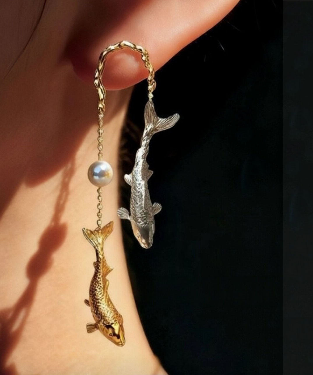Chic Gold Copper Overgild Pearl Koi Fish Drop Earrings