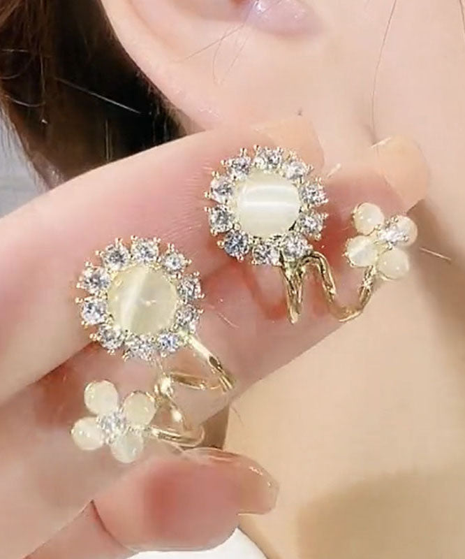 Chic Gold Copper Overgild Zircon Cat's Eye Stone Floral Hoop Earrings