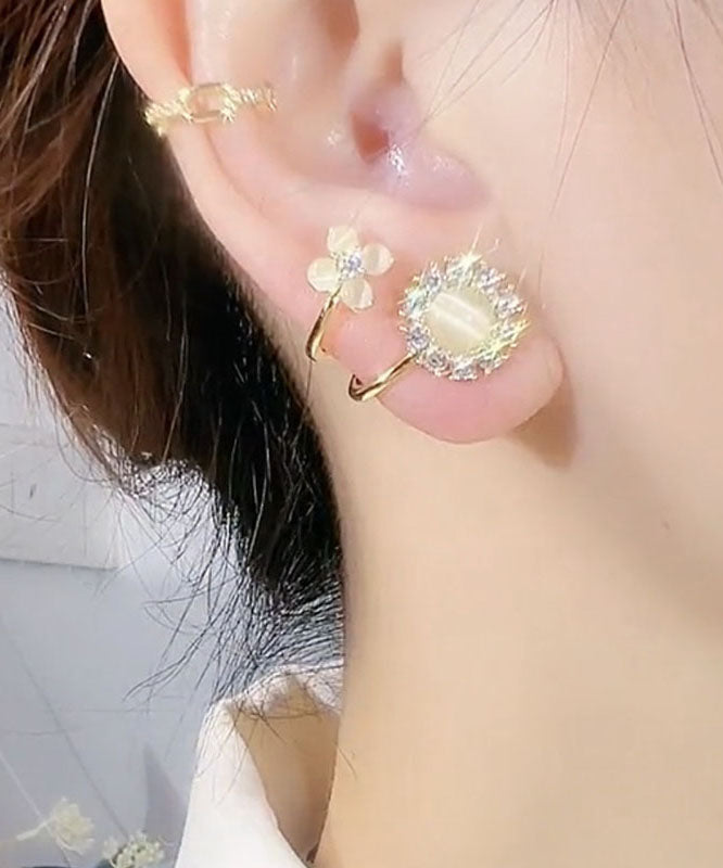 Chic Gold Copper Overgild Zircon Cat's Eye Stone Floral Hoop Earrings