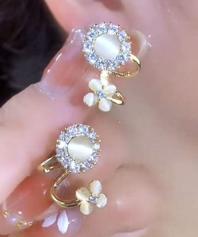 Chic Gold Copper Overgild Zircon Cat's Eye Stone Floral Hoop Earrings