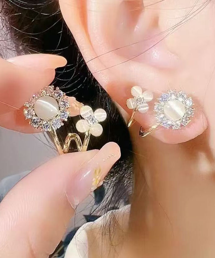 Chic Gold Copper Overgild Zircon Cat's Eye Stone Floral Hoop Earrings