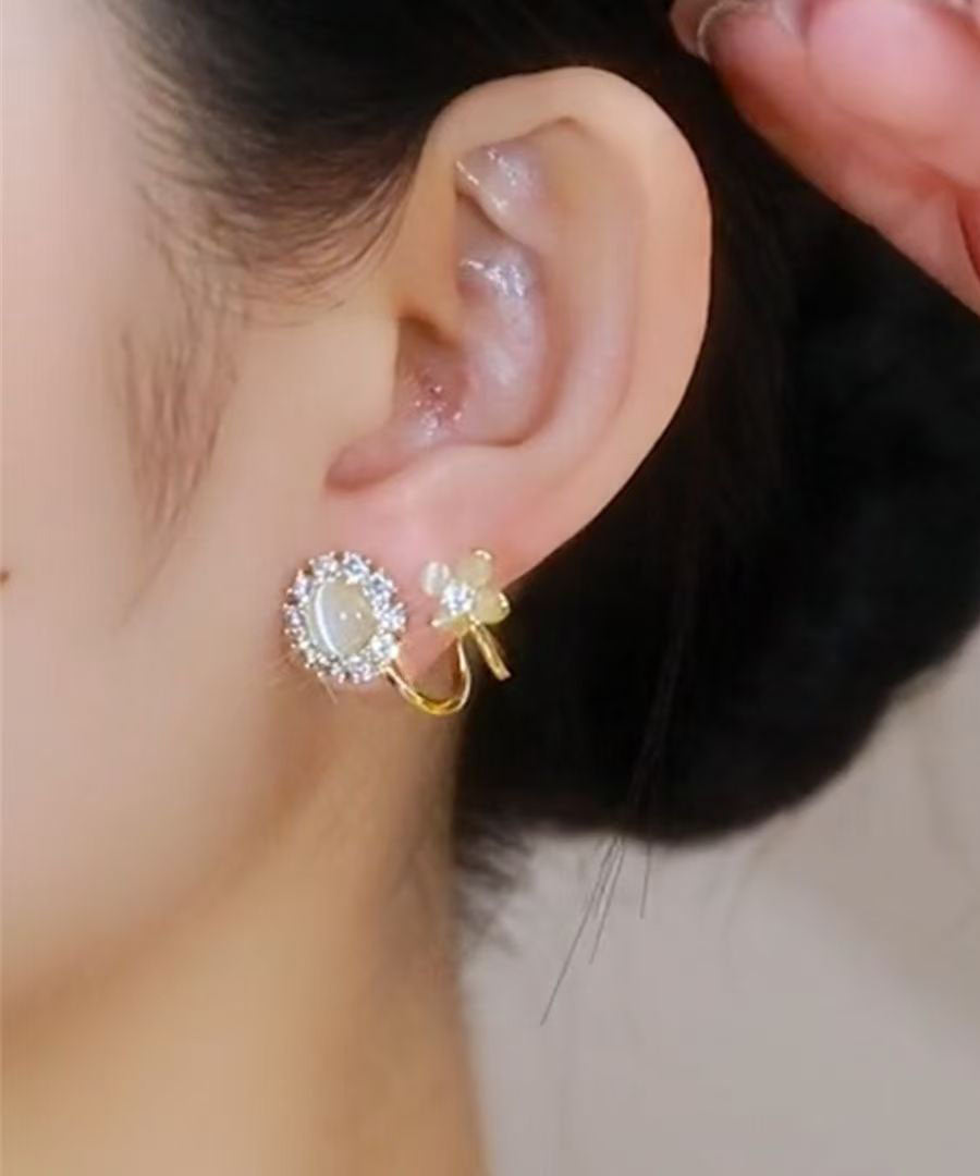 Chic Gold Copper Overgild Zircon Cat's Eye Stone Floral Hoop Earrings