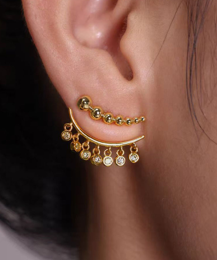 Chic Gold Copper Overgild Zircon Patchwor Tassel Two Ways Of Wearing It Stud Earrings