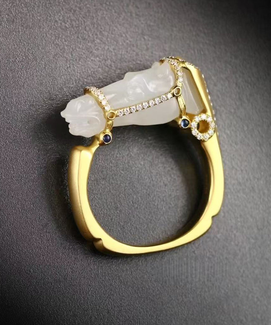 Chic Gold Horse Head Jade Zircon 14K Gold Rings - Omychic