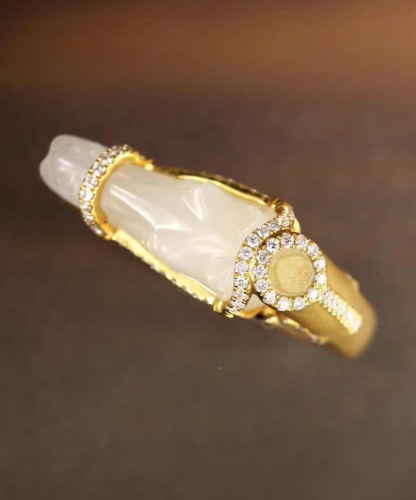 Chic Gold Horse Head Jade Zircon 14K Gold Rings - Omychic