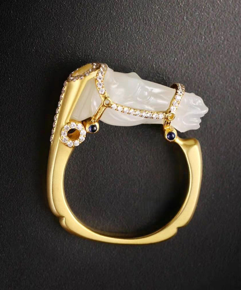 Chic Gold Horse Head Jade Zircon 14K Gold Rings - Omychic