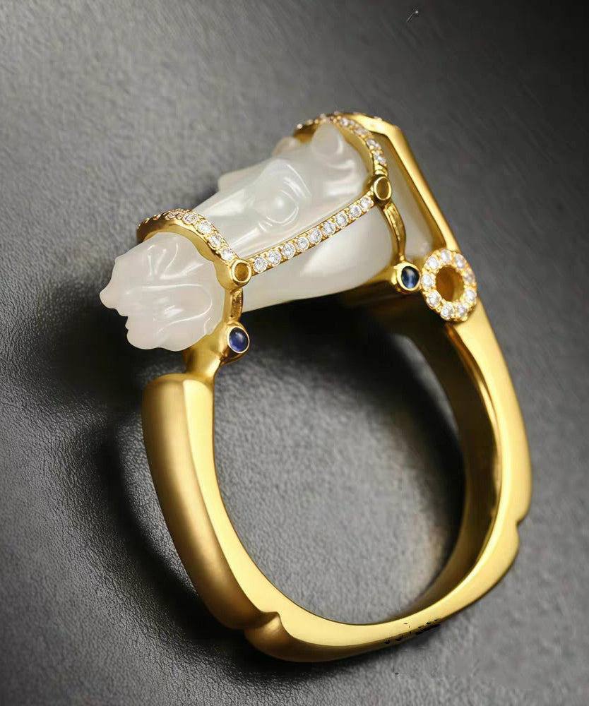 Chic Gold Horse Head Jade Zircon 14K Gold Rings - Omychic