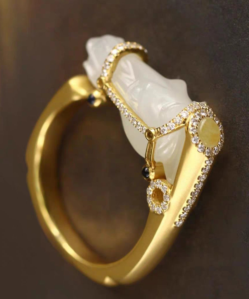 Chic Gold Horse Head Jade Zircon 14K Gold Rings - Omychic