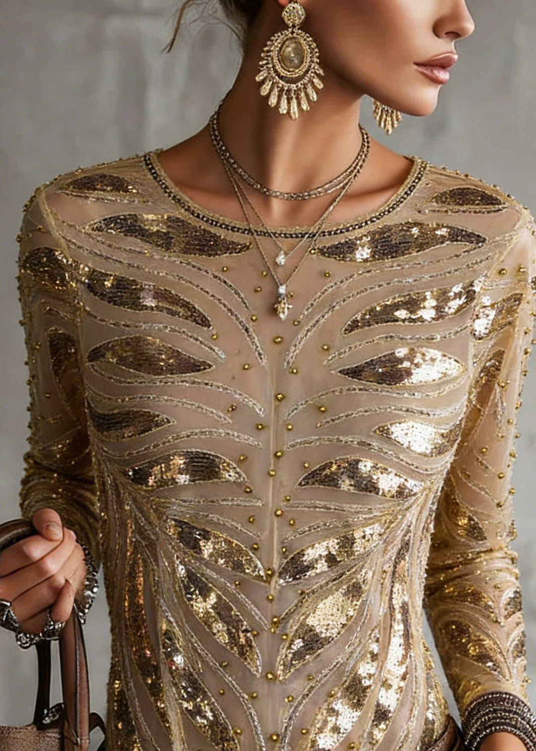 Chic Gold O Neck Nail Bead Slim Fit Tulle Top Spring