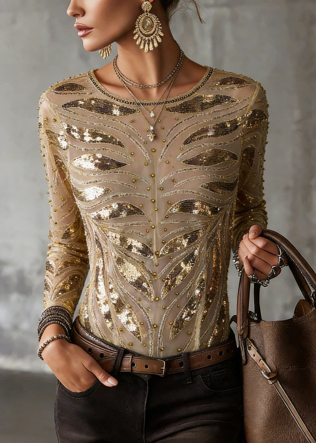 Chic Gold O Neck Nail Bead Slim Fit Tulle Top Spring