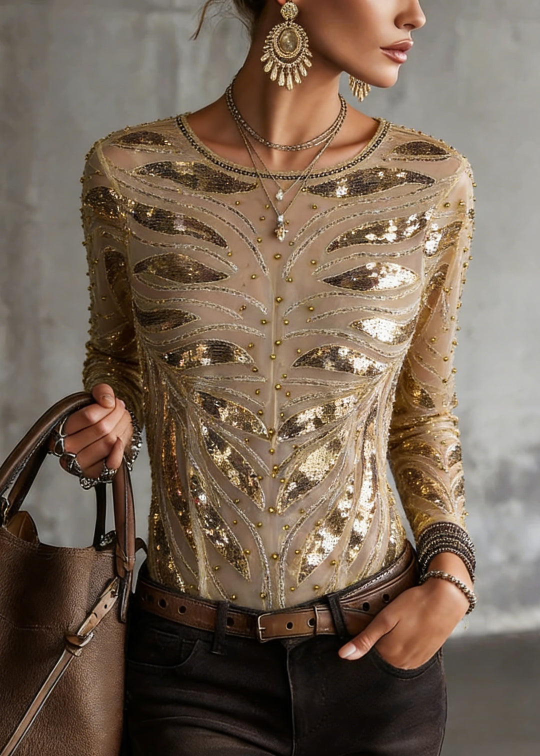 Chic Gold O Neck Nail Bead Slim Fit Tulle Top Spring