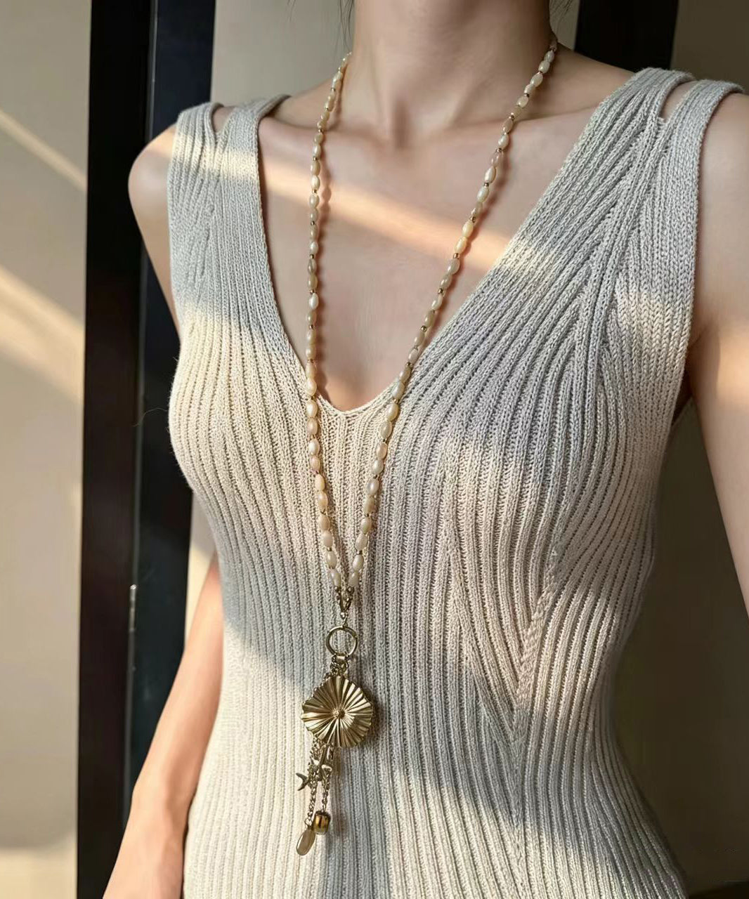 Chic Gold Titanium Steel Czech Glass Beaded Lariat Necklace