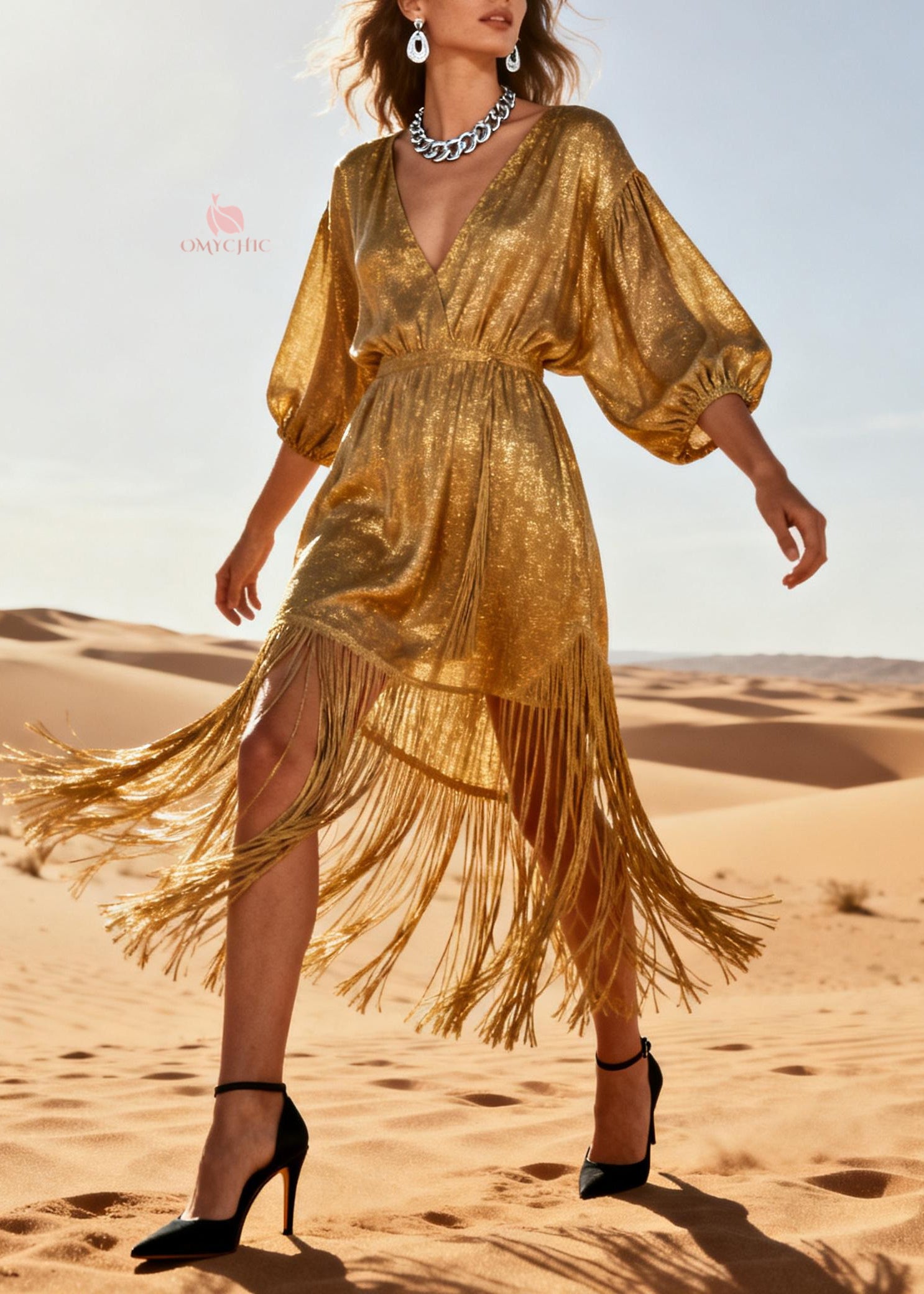 Chic Gold V Neck Tassel Patchwork Cotton Dress Summer - Omychic