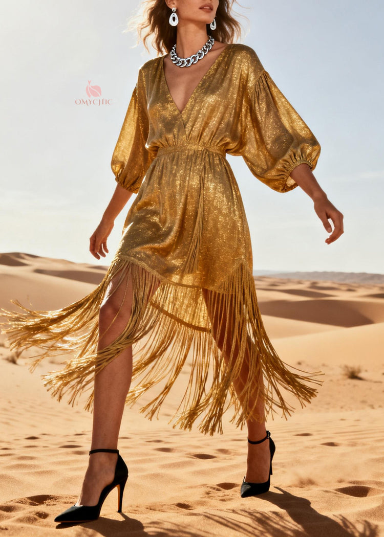 Chic Gold V Neck Tassel Patchwork Cotton Dress Summer - Omychic