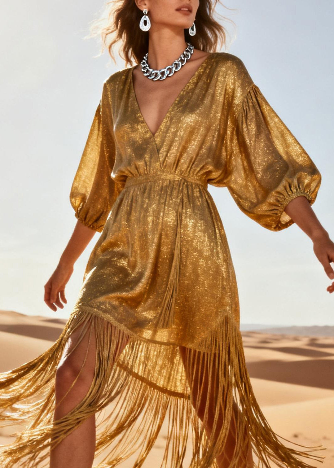 Chic Gold V Neck Tassel Patchwork Cotton Dress Summer - Omychic