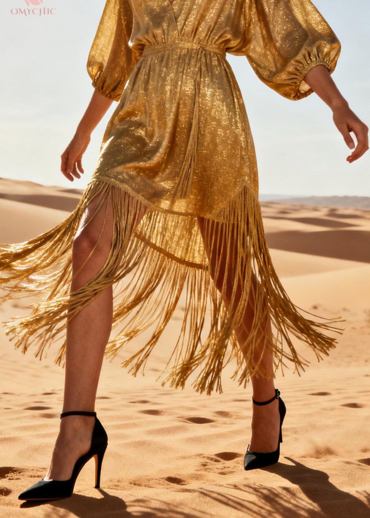 Chic Gold V Neck Tassel Patchwork Cotton Dress Summer - Omychic