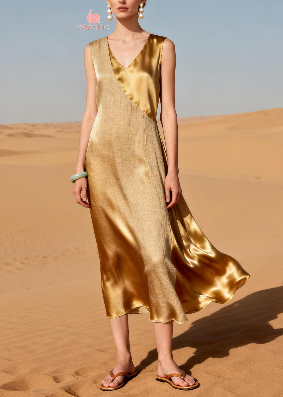 Chic Golden Asymmetrical Patchwork Silk Dress Summer