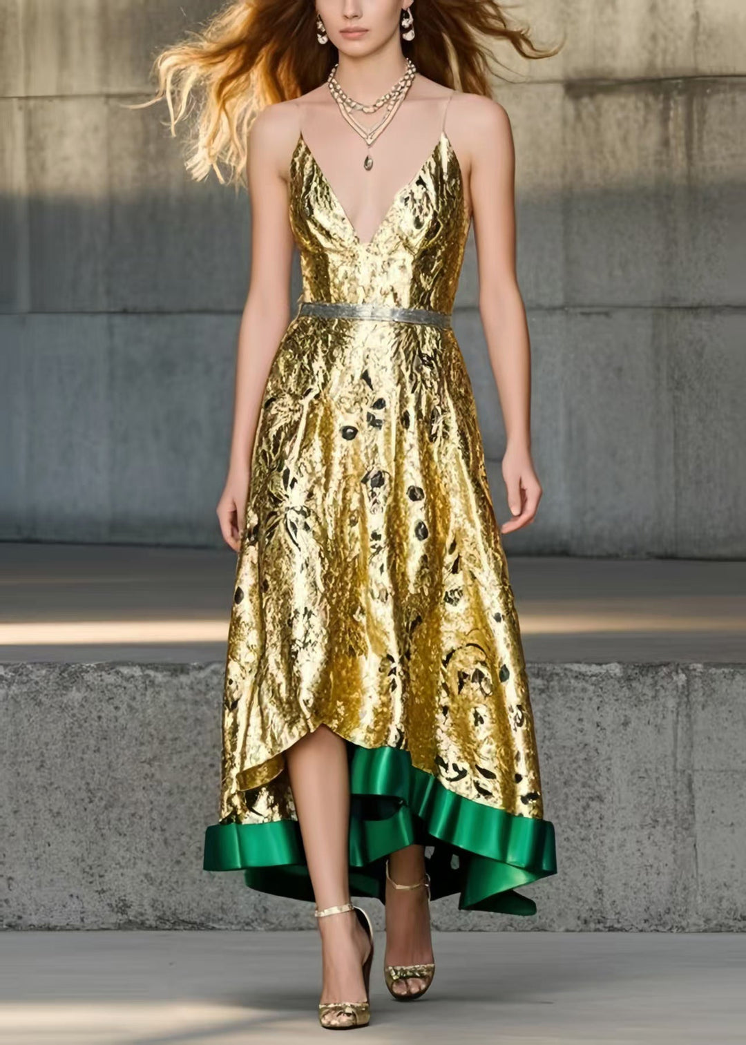 Chic Golden Jacquard Exra Large Hem Cami Dresses Summer