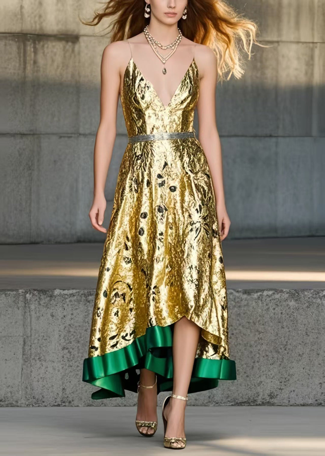 Chic Golden Jacquard Exra Large Hem Cami Dresses Summer