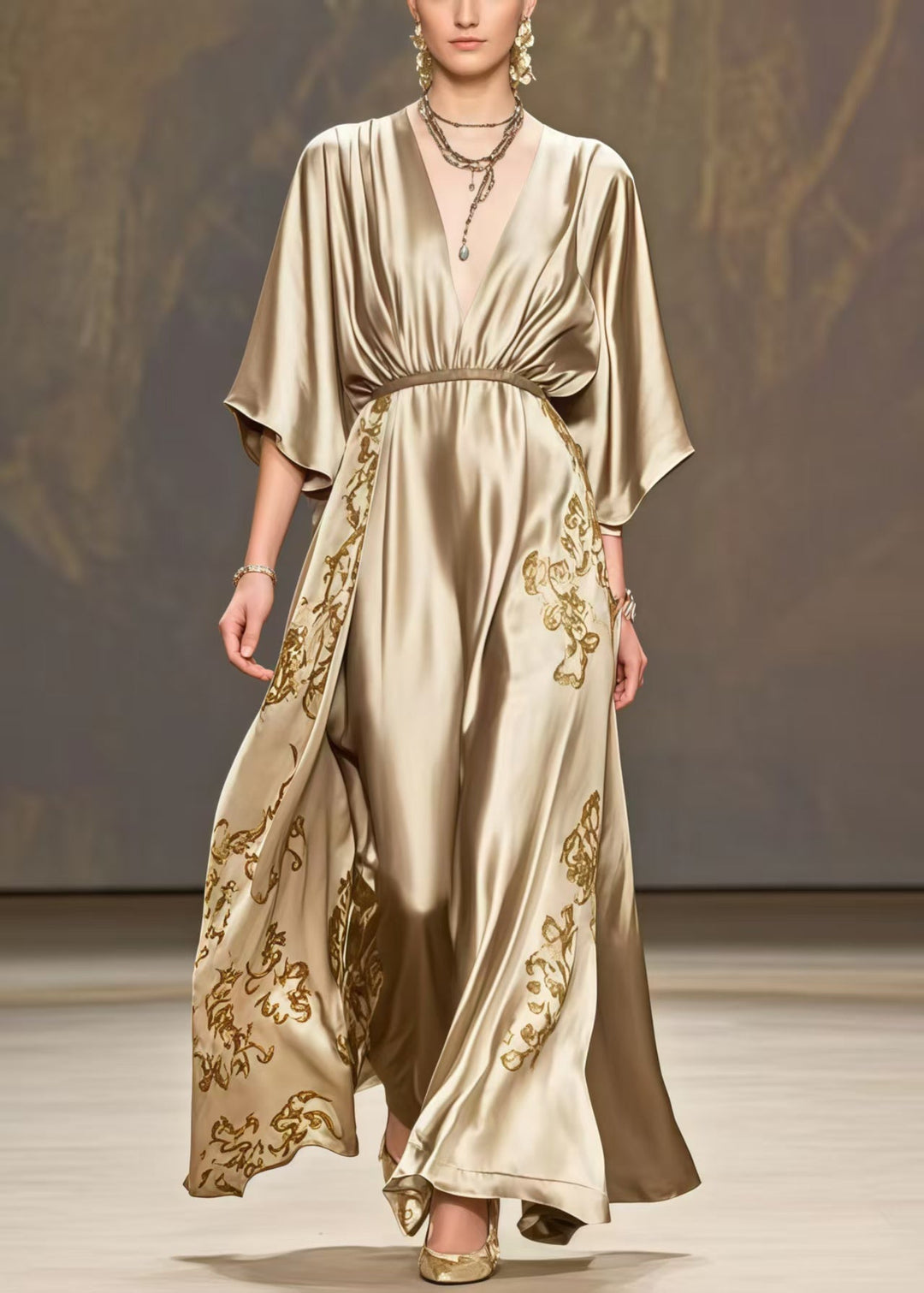 Chic Golden Print Exra Large Hem Silk Maxi Dresses Summer
