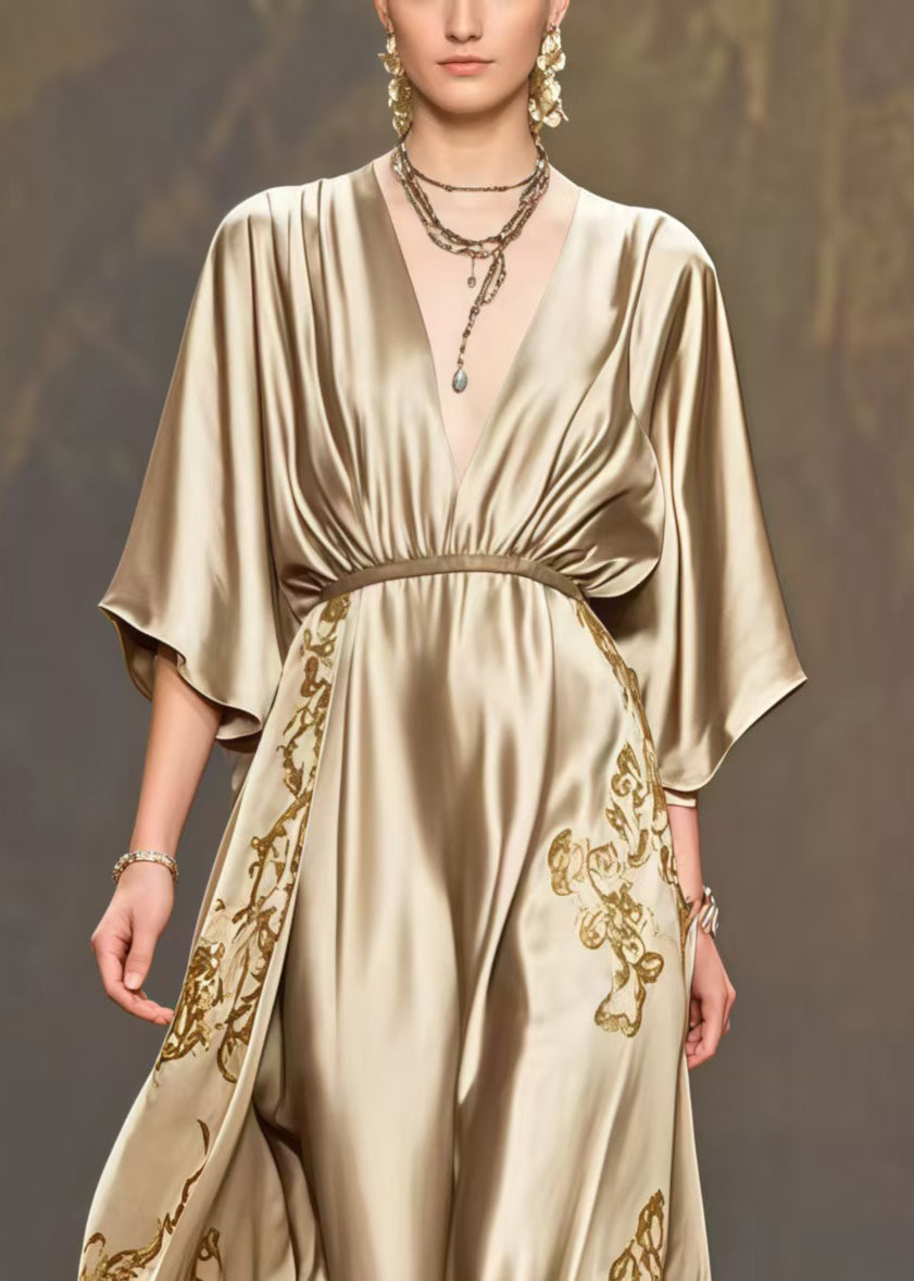 Chic Golden Print Exra Large Hem Silk Maxi Dresses Summer