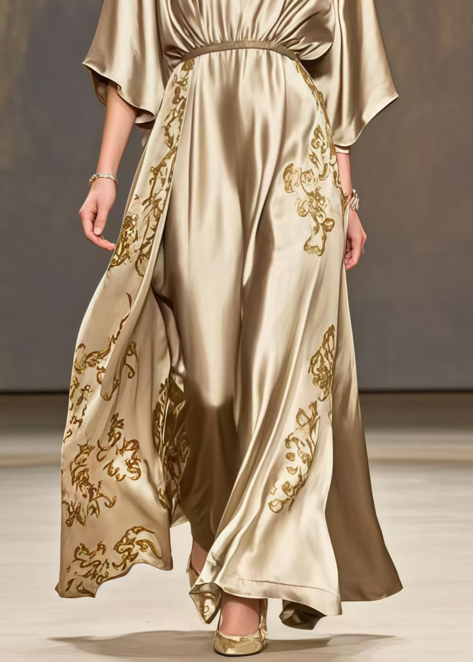 Chic Golden Print Exra Large Hem Silk Maxi Dresses Summer