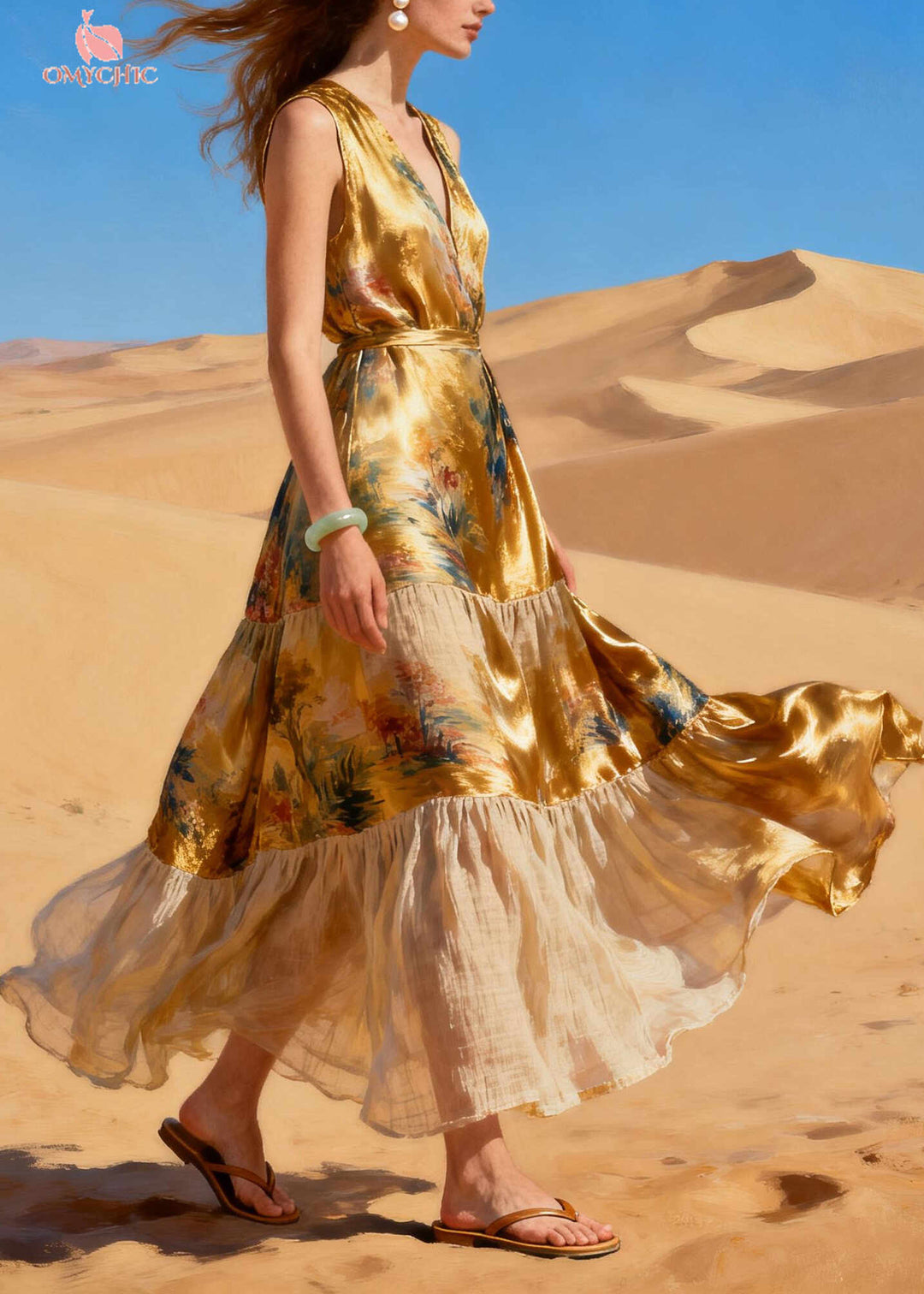 Chic Golden Print Patchwork Exra Large Hem Silk Dress Summer