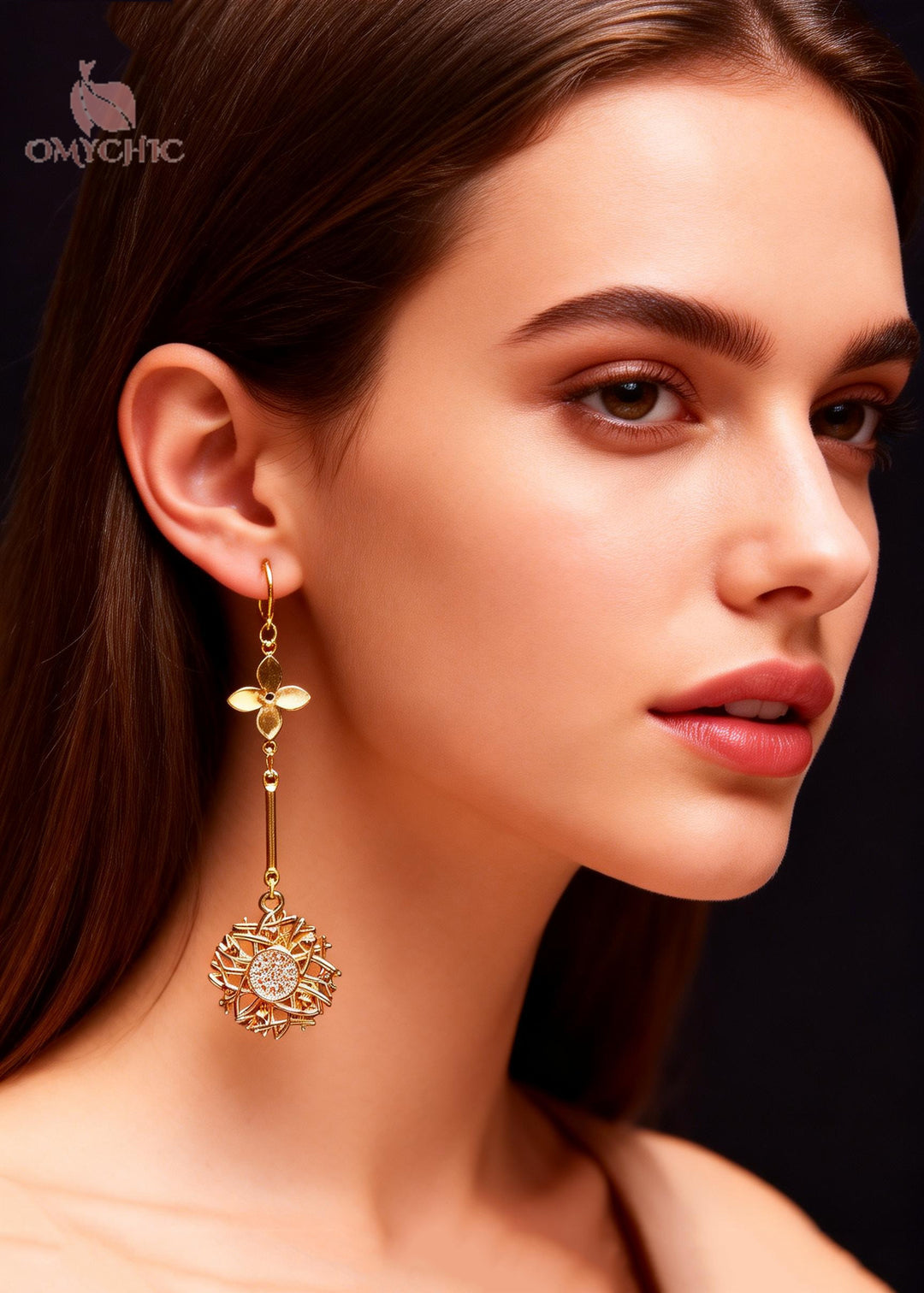 Chic Golden Sunflower Zircon Long Drop Earrings