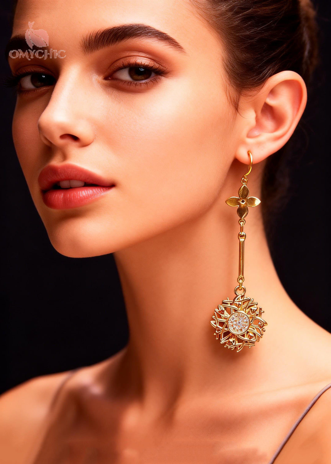 Chic Golden Sunflower Zircon Long Drop Earrings