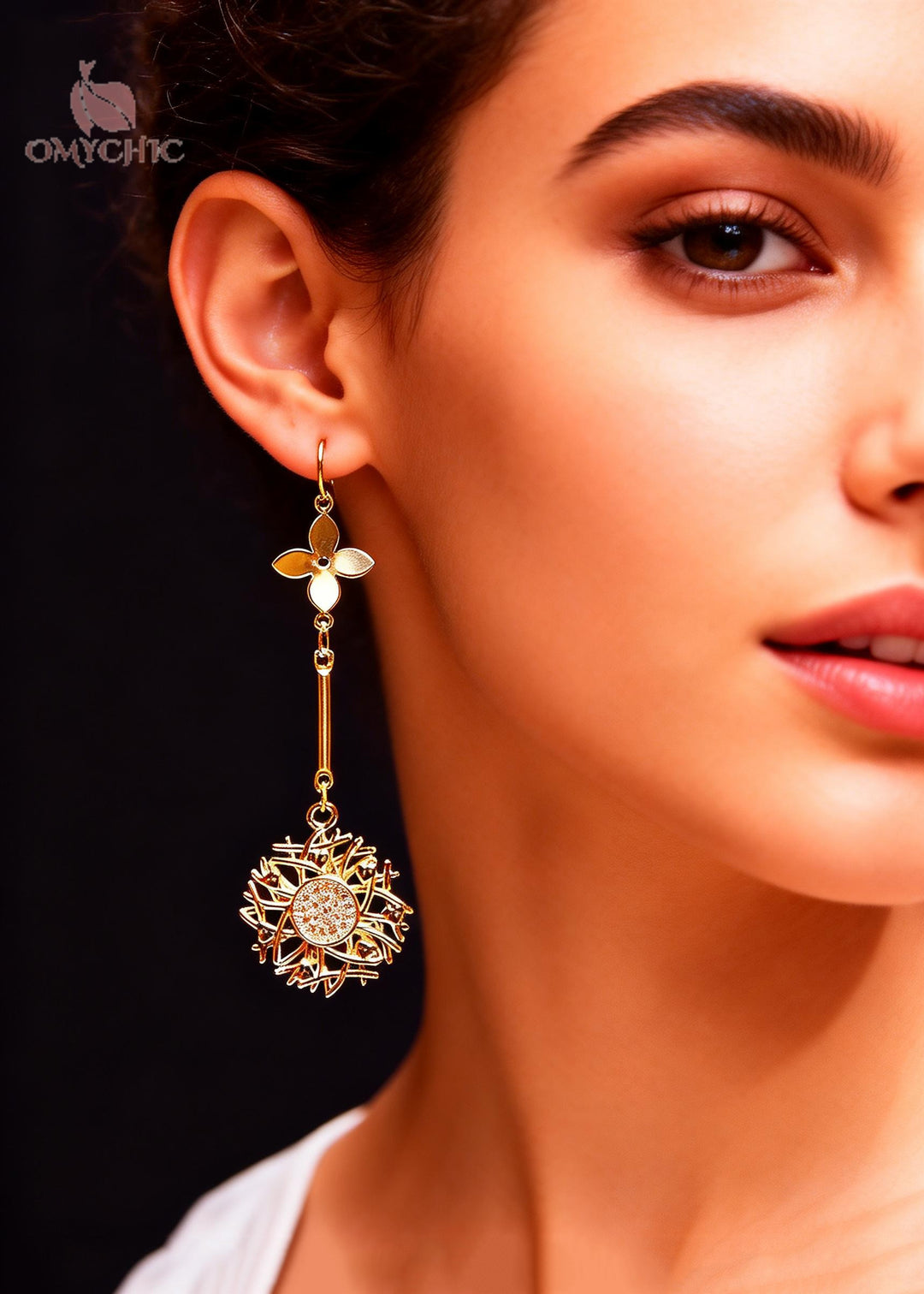 Chic Golden Sunflower Zircon Long Drop Earrings