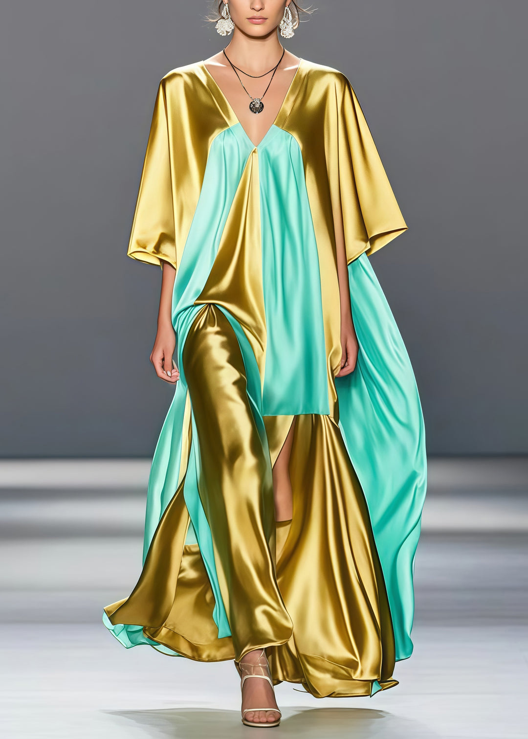 Chic Golden V Neck Patchwork Side Open Silk Long Dress Summer