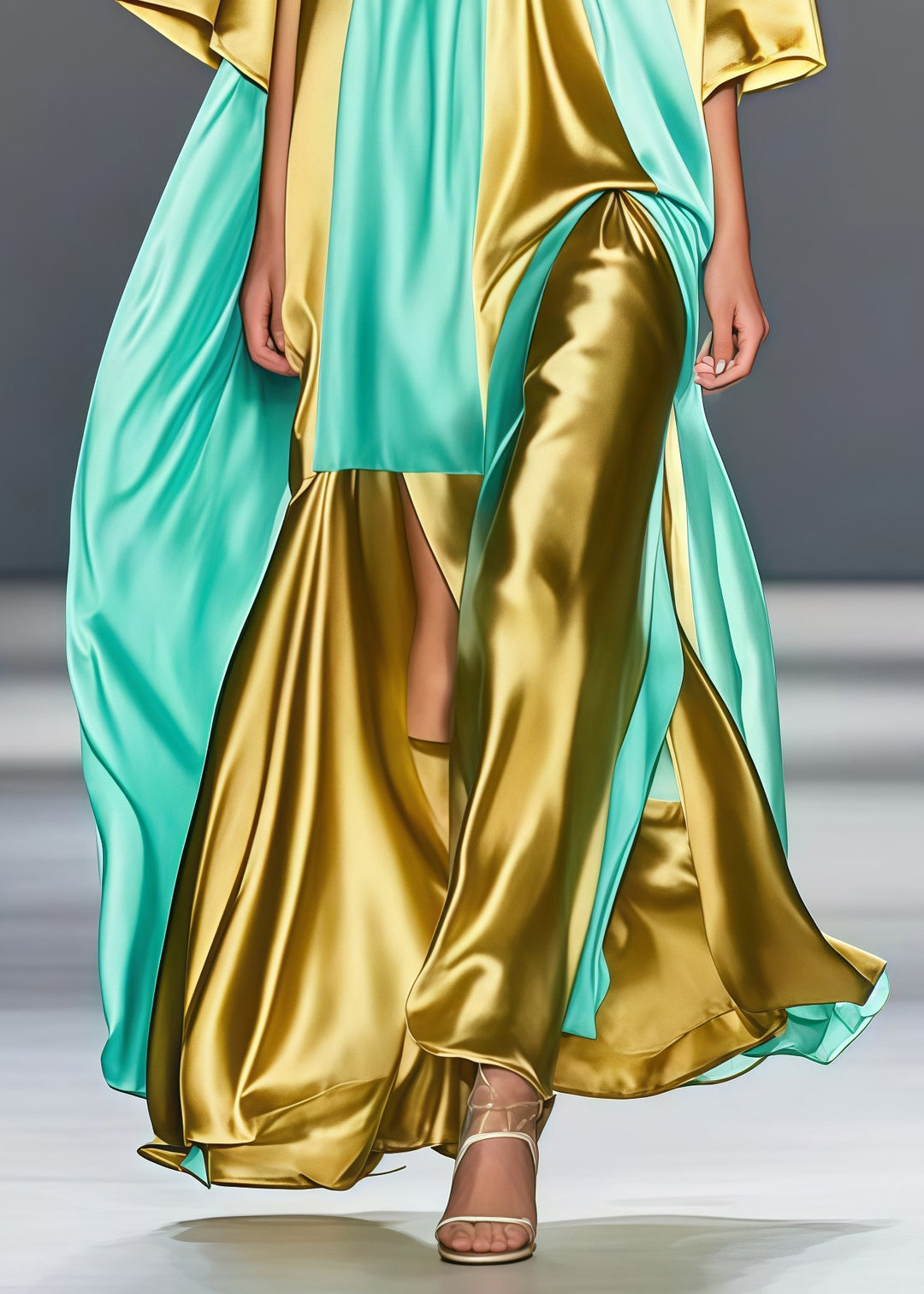 Chic Golden V Neck Patchwork Side Open Silk Long Dress Summer