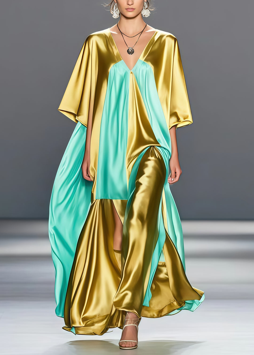 Chic Golden V Neck Patchwork Side Open Silk Long Dress Summer