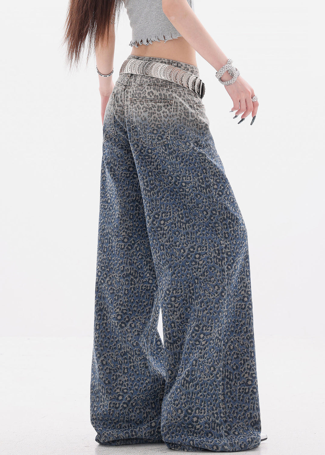 Chic Gradient Color Leopard High Waist Denim Wide Leg Pants Fall