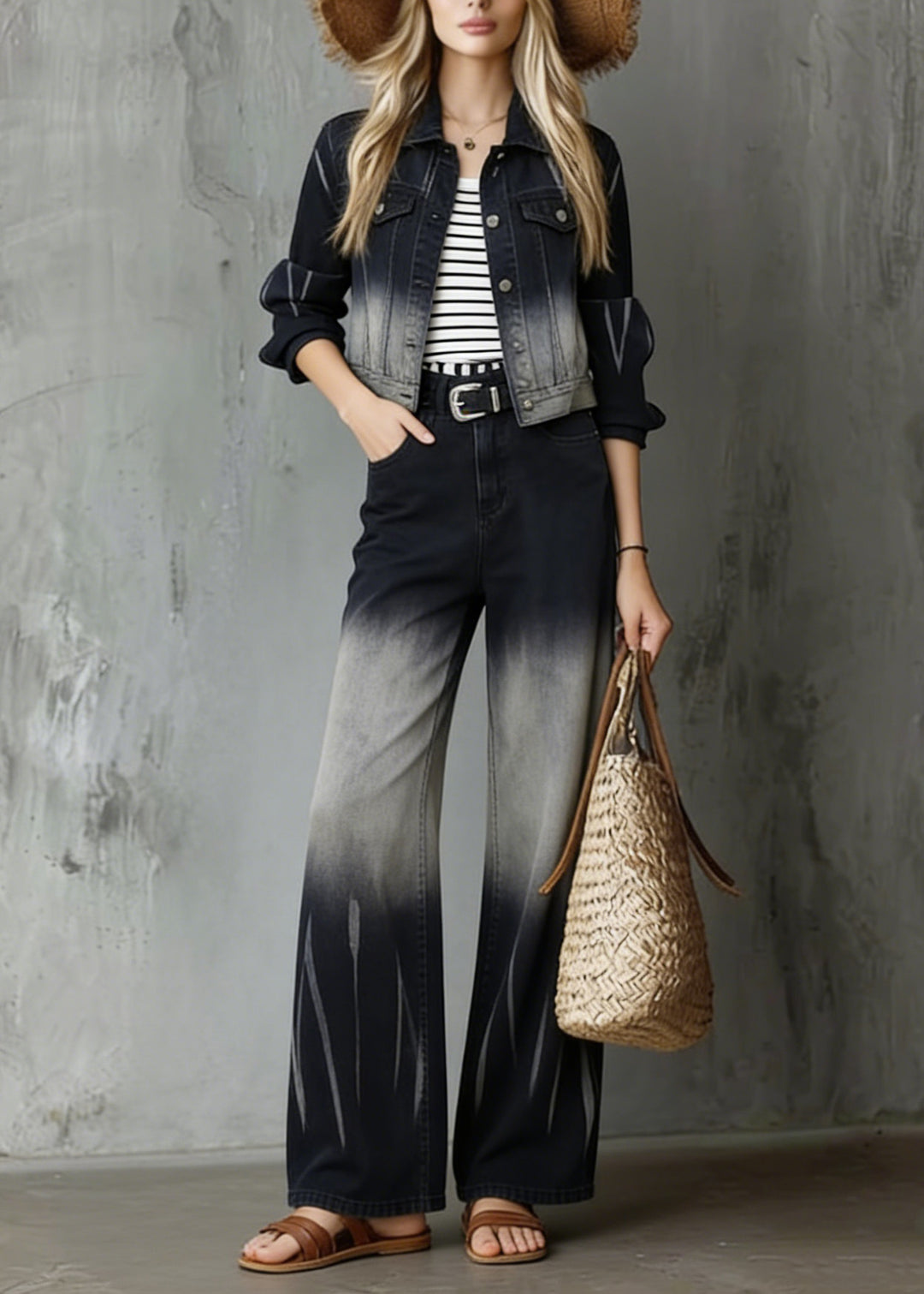 Chic Gradient Color Peter Pan Collar Denim Two Pieces Set Spring