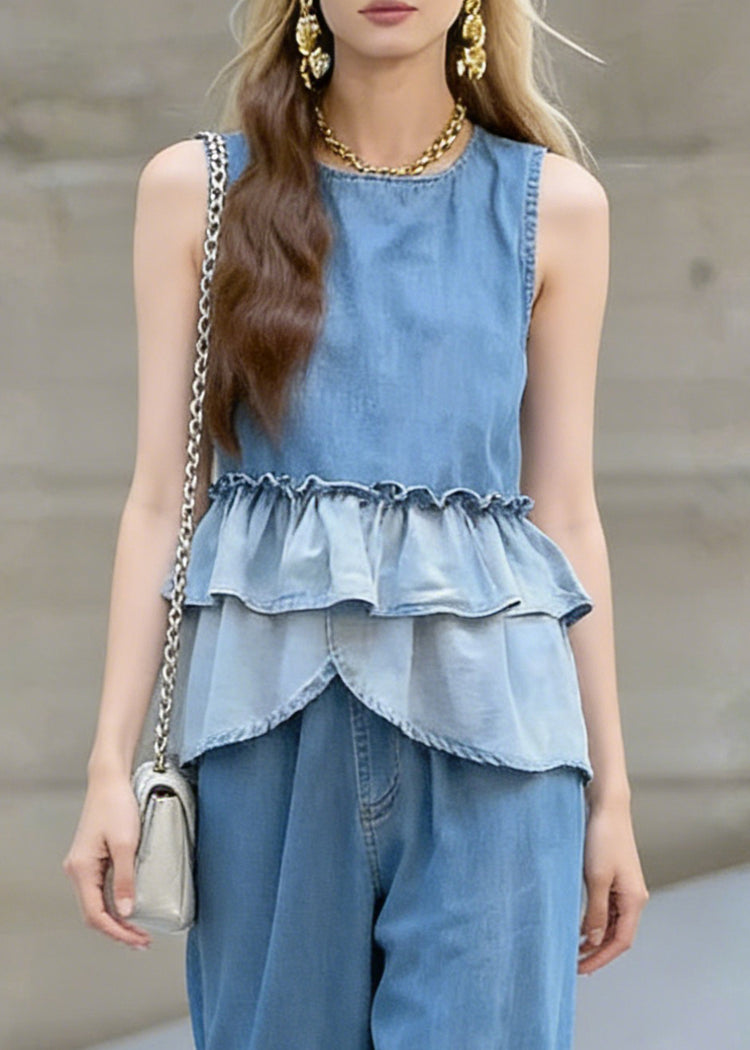 Chic Gradient Color Ruffled Patchwork Denim Two Pieces Set Sleeveless - Omychic