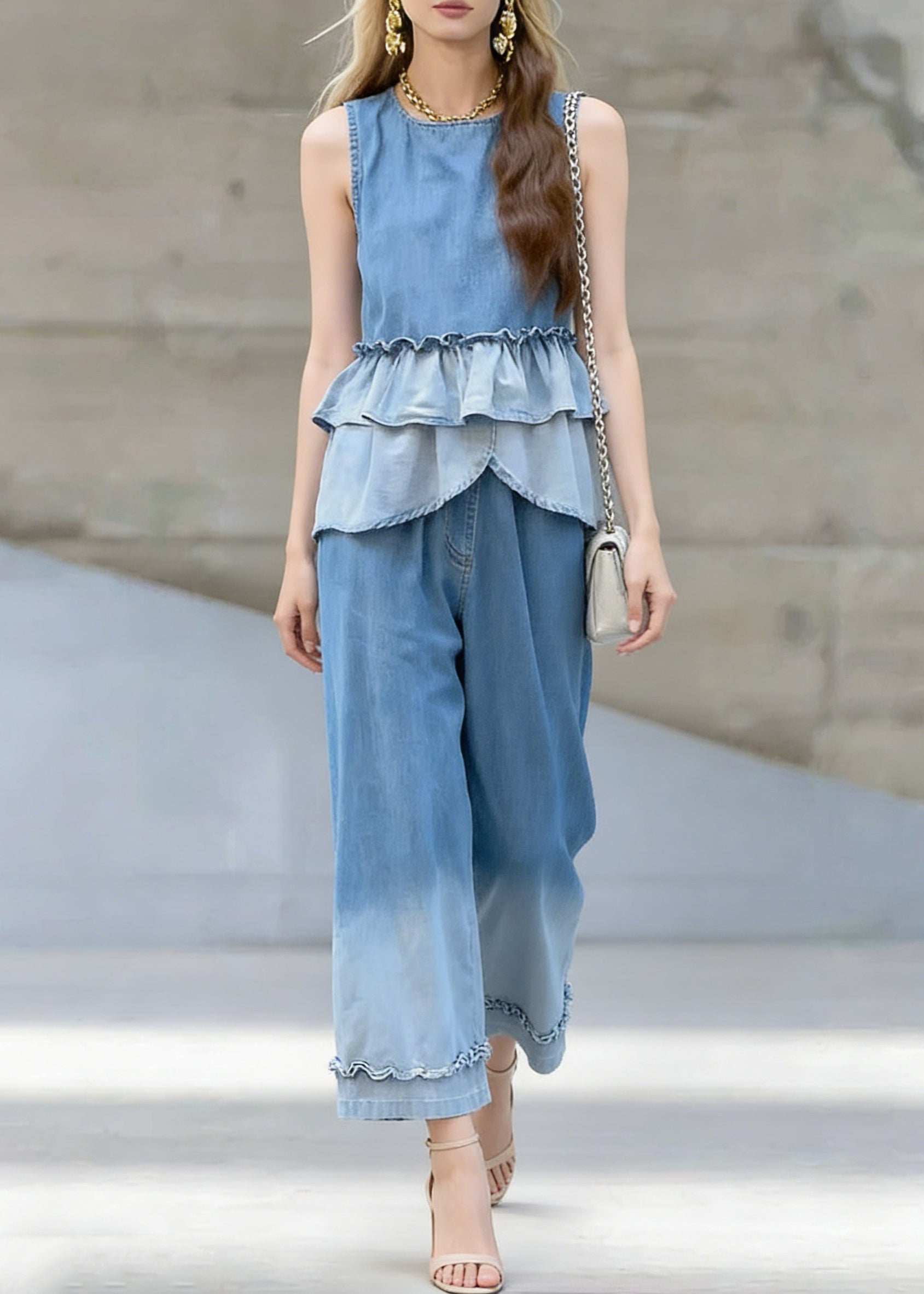 Chic Gradient Color Ruffled Patchwork Denim Two Pieces Set Sleeveless - Omychic