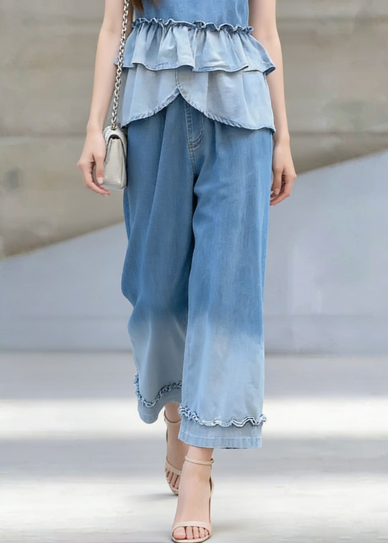 Chic Gradient Color Ruffled Patchwork Denim Two Pieces Set Sleeveless - Omychic