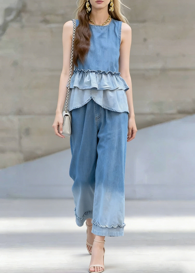 Chic Gradient Color Ruffled Patchwork Denim Two Pieces Set Sleeveless - Omychic