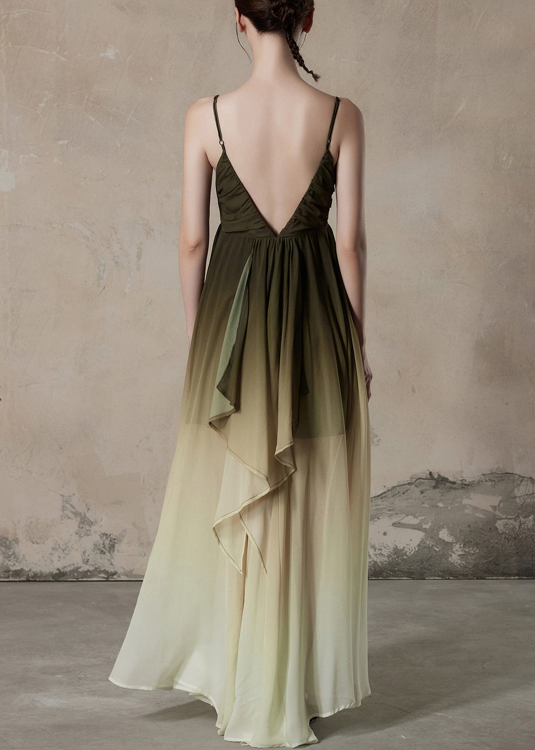 Chic Gradient Color V Neck Wrinkled Chiffon Long Dress Sleeveless