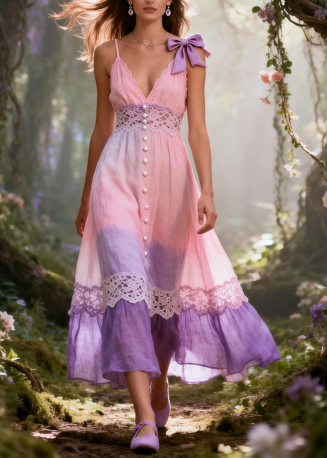 Chic Gradient Pink Lace Patchwork Fine Pearl Cotton Holiday Dresses Summer