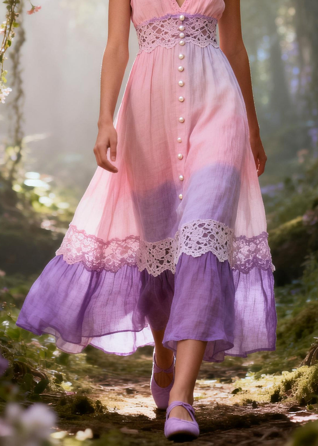 Chic Gradient Pink Lace Patchwork Fine Pearl Cotton Holiday Dresses Summer