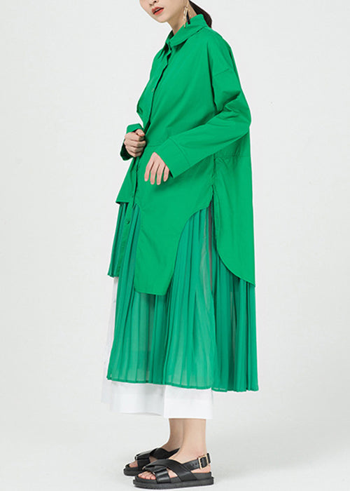 Chic Green Asymmetrical Patchwork Cotton Shirts Dresses Spring