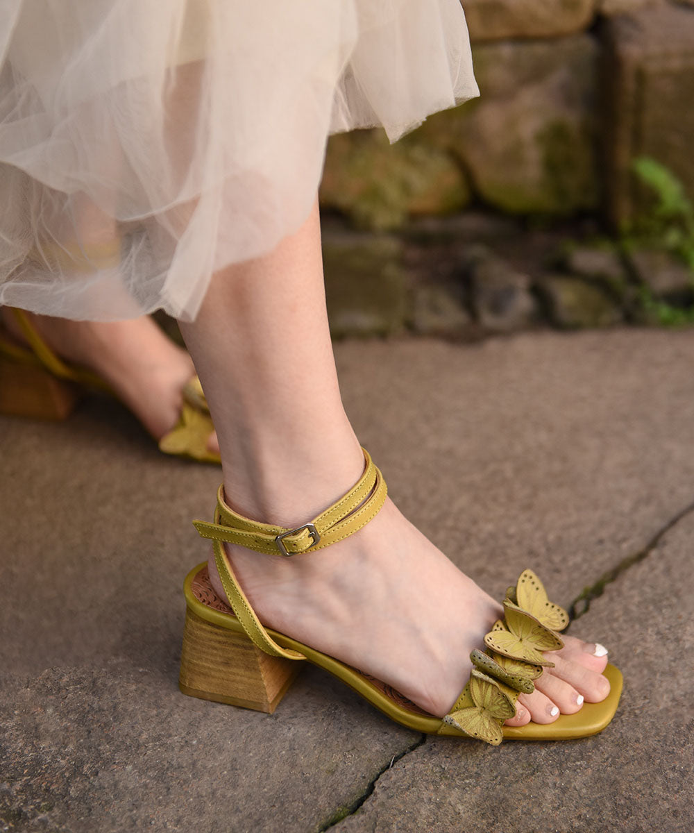 Chic Green Butterfly Splicing Chunky Heel Sandals Peep Toe