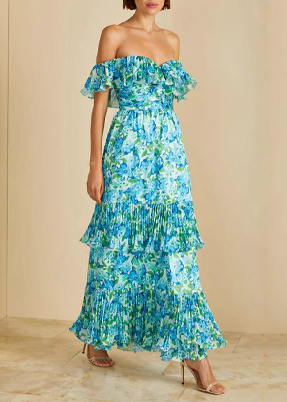 Chic Green Cold Shoulder Ruffled Print Chiffon Vacation Dresses Summer