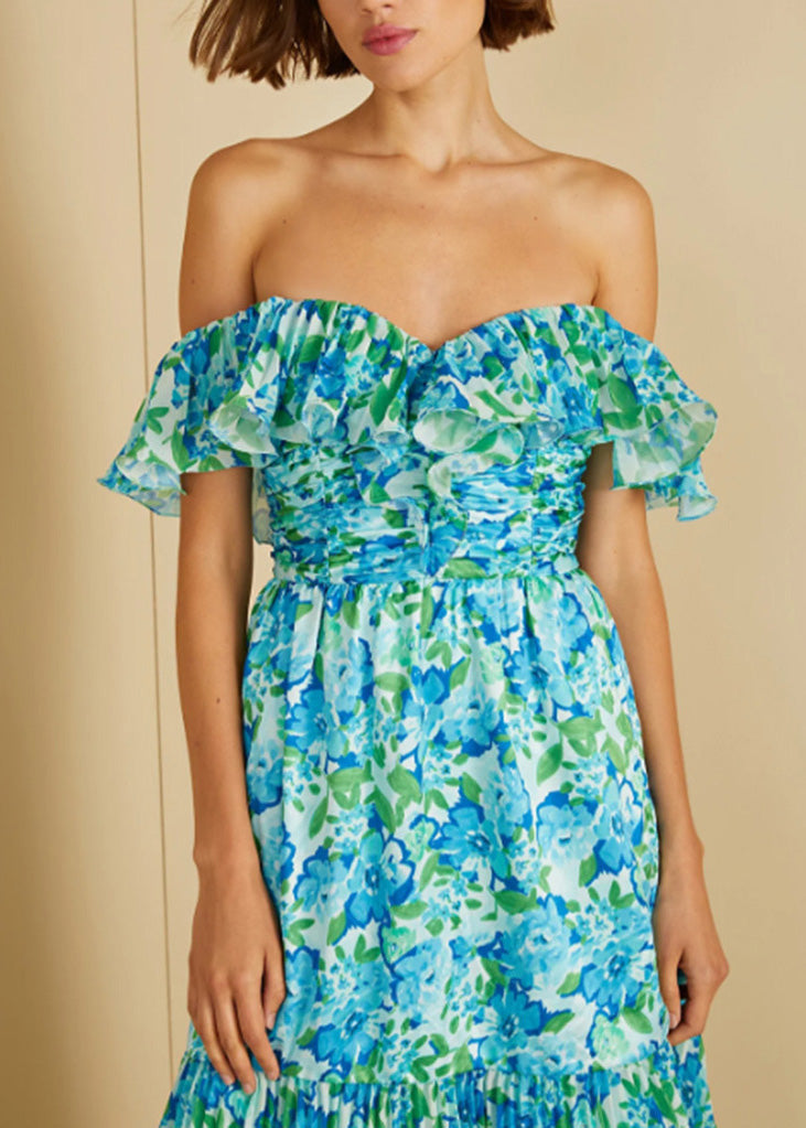Chic Green Cold Shoulder Ruffled Print Chiffon Vacation Dresses Summer