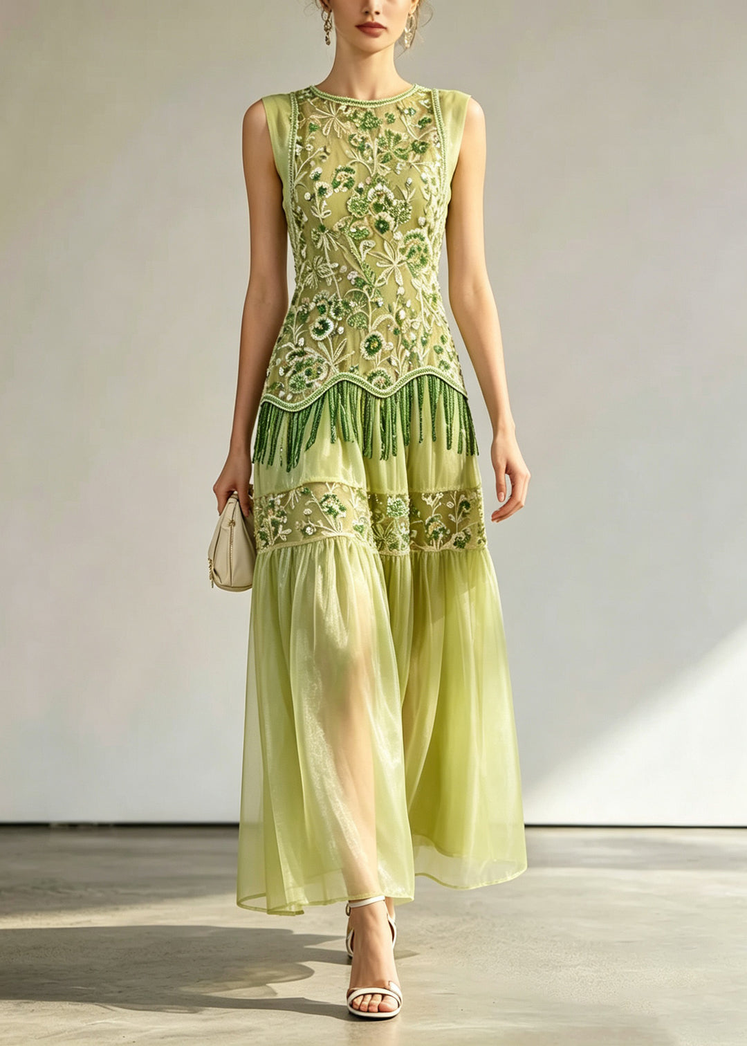 Chic Green Embroidered Patchwork Silk Long Dress Sleeveless