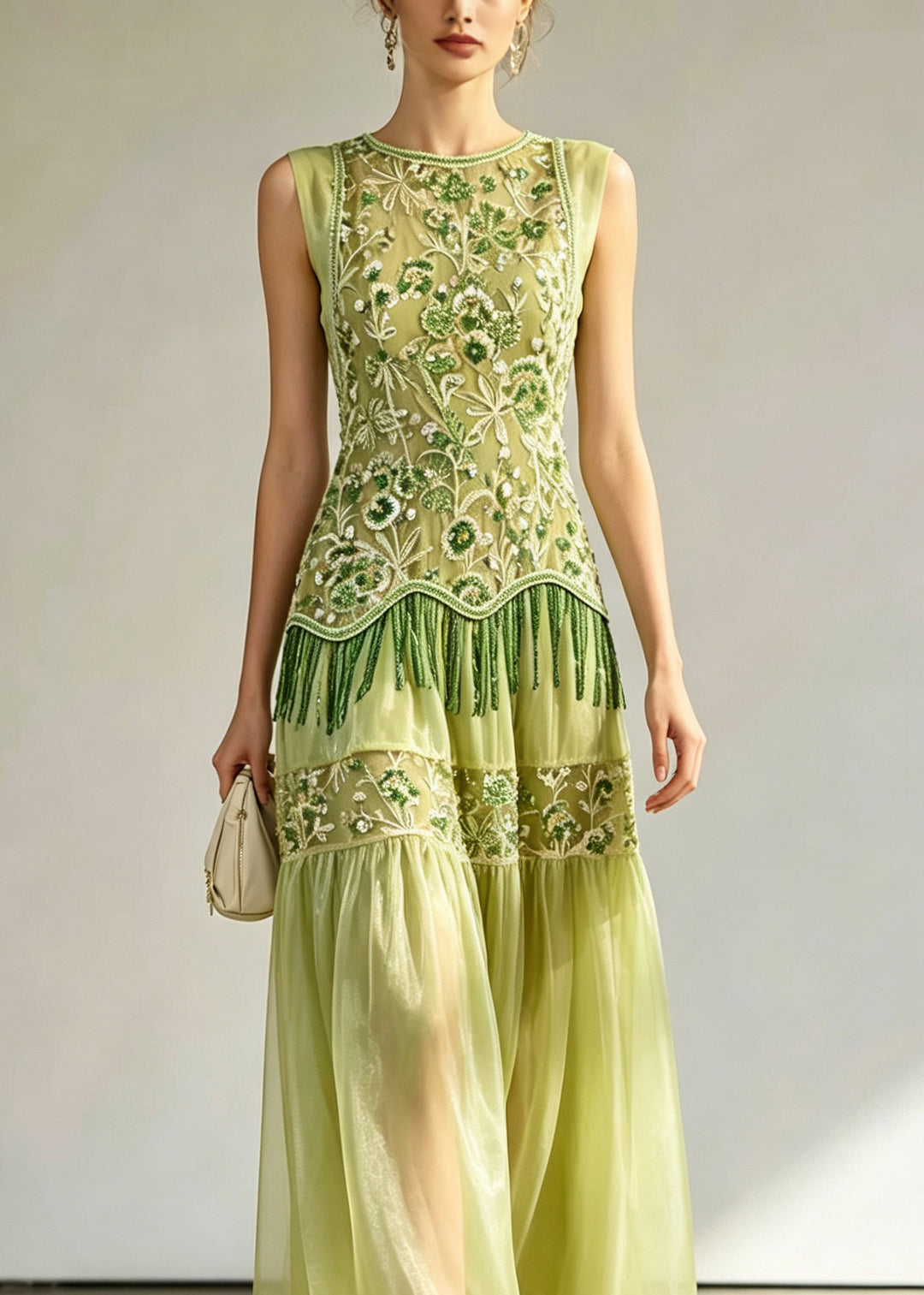 Chic Green Embroidered Patchwork Silk Long Dress Sleeveless